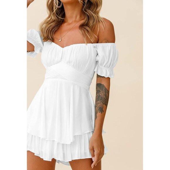 Women White Boho Romper Off Shoulder Ruffle Chiffon Shorts Jumpsuit Playsuits - Picture 2 of 7